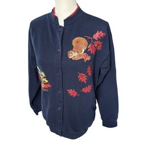 Vtg 90s Morning sun Navy blue Cardigan sweatshirt Squirrel Leaf print small fall